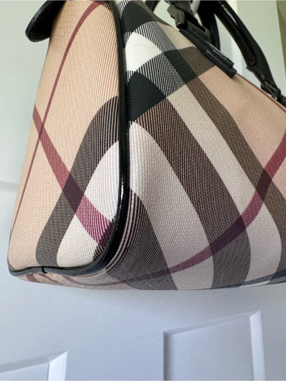 Burberry Beige Check Satchel with Black Patent Handles and Maroon Accents